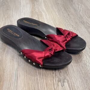 Donald J Pliner Wood Slip On Sandals Women’s 9 Red Bow Strap Kitten Heel EUC